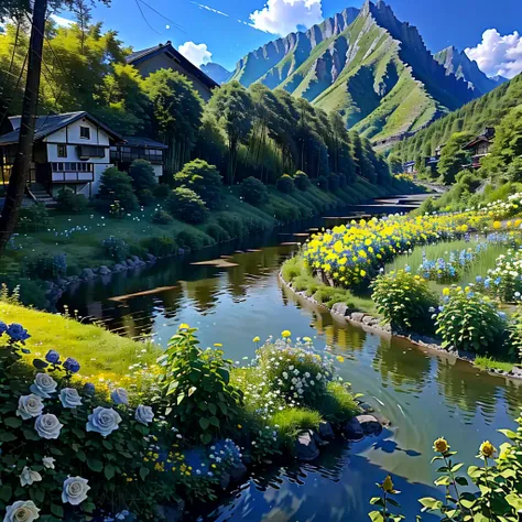 8K HD quality，garden，river，forest，高Mountain，Blue sky and white clouds，很多river, lake, rivers，そしてMountain々，rural residence，Mountain々Yellow roses blooming all over，Black roses everywhere，black rose garden，Black rose spots