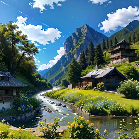 8K HD quality，garden，river，forest，高Mountain，Blue sky and white clouds，很多river, lake, rivers，そしてMountain々，rural residence，Mountain々Yellow roses blooming all over，Black roses everywhere，black rose garden，Black rose spots