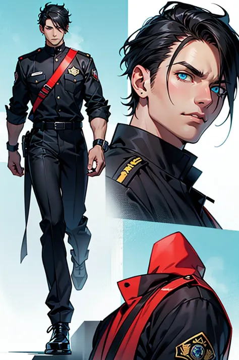 Full character(from head to foots), a male character with white skin,black hair, red left eye and blue right eye, using a black investigator uniform.