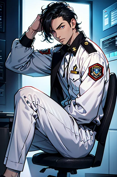 Full character(from head to foots), a male character with white skin,black hair, red left eye and blue right eye, using a black investigator uniform.