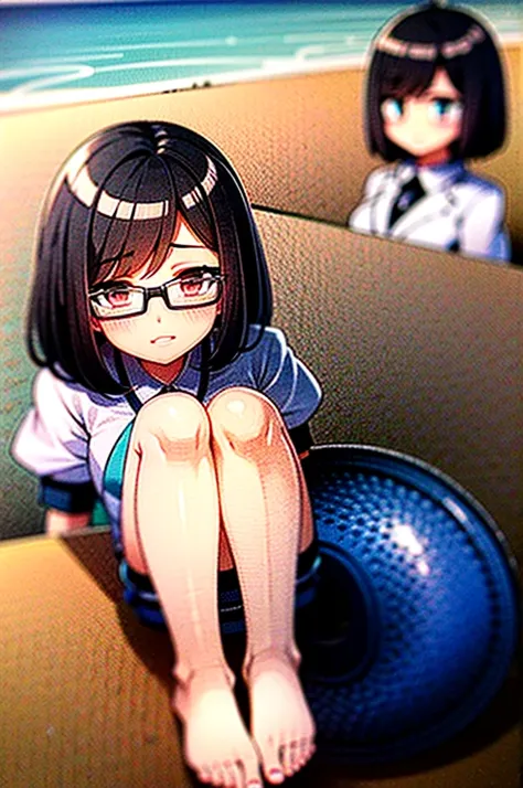 Full character(from head to foots), a woman with white skin, black hair and brown eyes that uses a nurse uniform and glasses stepping next to an beach