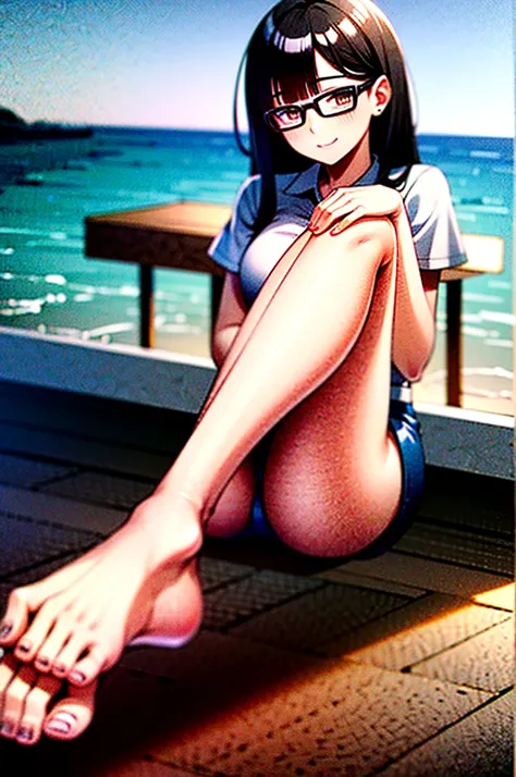 Full character(from head to foots), a woman with white skin, black hair and brown eyes that uses a nurse uniform and glasses stepping next to an beach