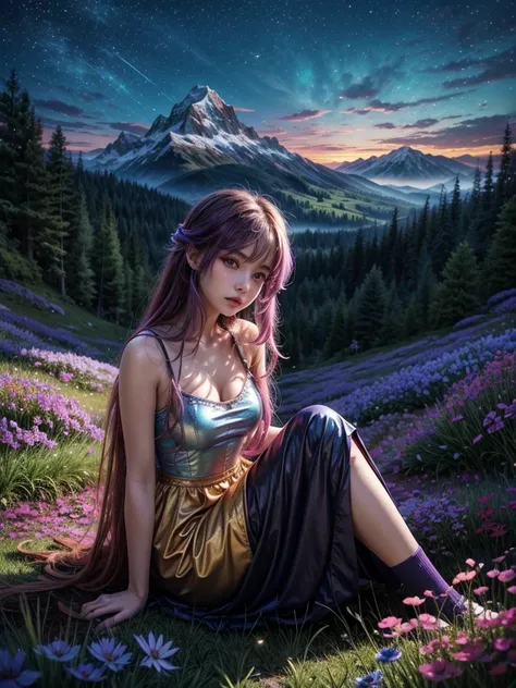 anime-style illustration, The image shows a young woman sitting on the grass watching clear blue sky and mountain, fantasy world medieval, rocks, vibrant style, Vibrant colors include deep purples, electric blues, neon pinks, and shimmering golds. The ligh...