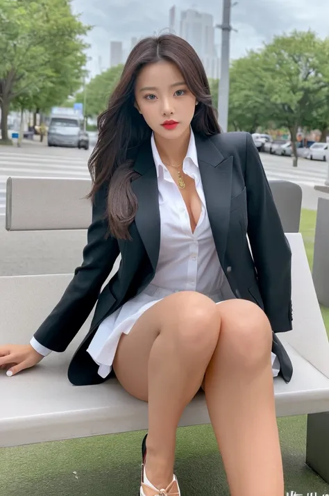 a 19 year old girl, she is the most beautiful actress in the world, the perfect body proportions of this girl, the blazer is appropriately buttoned up on the formal shirt that she wears, indirect bulge of her clothed large breasts, exposed genitalia of her...