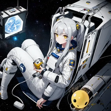 work of art, best qualityer, 1 girl, (space), spacecraft, (spacesuit), trunk, from sideways, Science fiction, yellow  eyes, twintails, silver hair, new