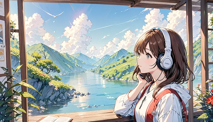 Girl wearing headphones,Brown Hair,1 person,Detailed Background,「Peace of mind」,relax