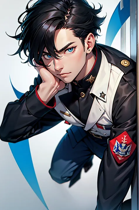 Full character(from head to foots), a male character with white skin,black hair, red left eye and blue right eye, using black military uniform.