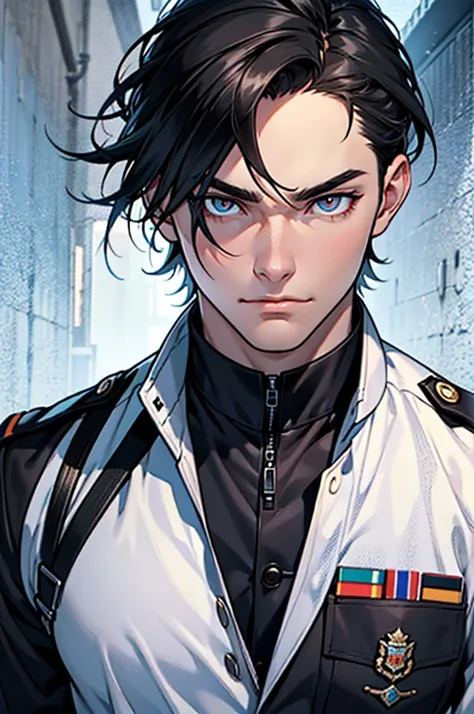 Full character(from head to foots), a male character with white skin,black hair, red left eye and blue right eye, using black military uniform.