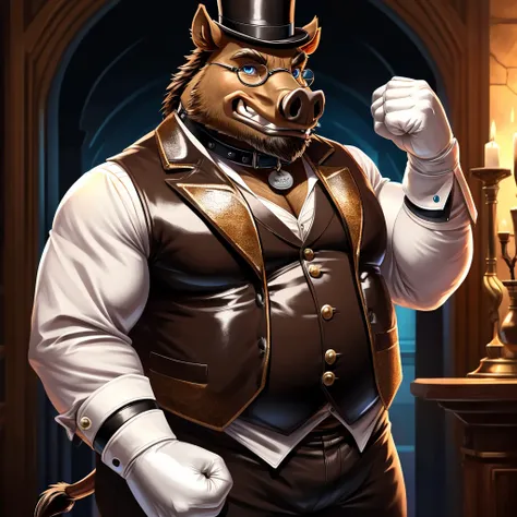 Solo, Male, fat, extremely obese, gentleman, dapper Professor Boar, blue eyes, (posing:1.3), (soft shading), 4k, hi res, ((detailed face, detailed)), looking at viewer, mouth wide open, steampunk, collared shirt with buttons, top hat, male focus, Explorer ...