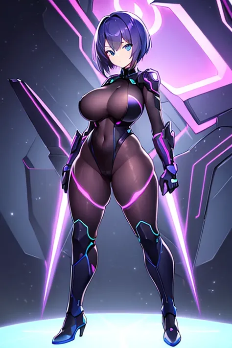 1girl, blue eyes, purple hair, very short hair, large breasts, hourglass figure, bodysuit, black bodysuit, neon, neon trim, machinery, tech, science-fiction, futuristic, standing, full body, ((full body)), pantyhose,