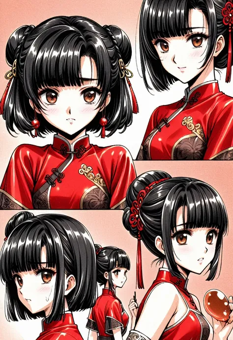 Period drama manga style　A 15-year-old super beautiful Chinese young lady with black hair in a bun cut wearing a super shiny red long-sleeved Chinese dress　She spreads her asshole and lets out brown slime