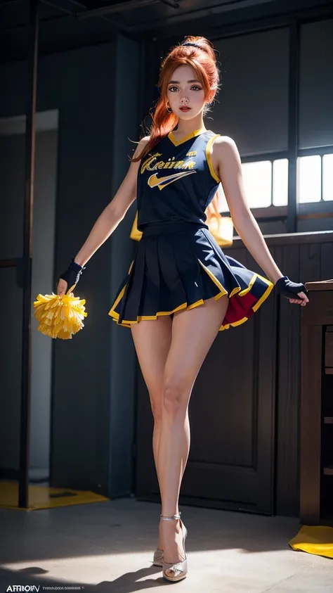 1girl, Kiernan Shipka, University of Michigan cheerleader uniform, sheer shiny shimmering silky tan pantyhose, 5 inch white high heeled stilettoes, holding pom-poms, cheering inside Michigan Stadium, red lipstick, dangling earrings, fiery red hair in a pon...