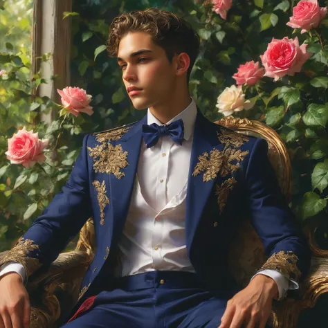 create an image of a young man inspired by the characteristics of the rose 'the prince, mixed race male model 23-25 year old, (a...