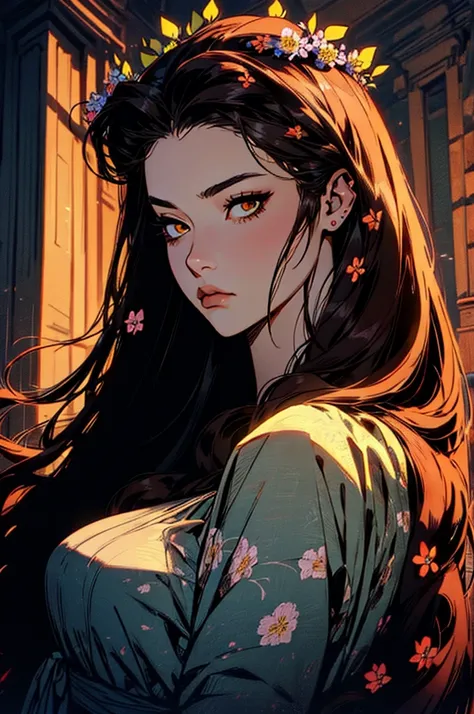 hyper-realistic of a mysterious woman with flowing dark hair, piercing yellow eyes, and a delicate floral crown, backwards, looking back, upper body