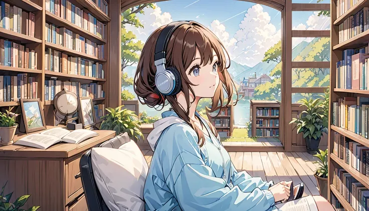 Girl wearing headphones,Brown Hair,1 person,Detailed Background,「Peace of mind」,relax,library