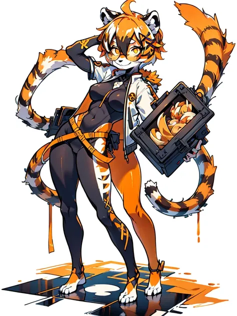 white background, full body, ((furry female:1.2)), Standing, animal ears, white hair, black hair, short hair, large breasts, muscle, tail, orange eyes, orange hair, multicolored hair, tiger girl, hair between eyes, tiger_ears, tiger_tail, orange-tinted_eye...