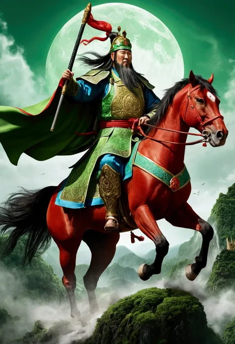 Guan Yu riding a red horse，Wearing green robe，The image of Guan Yu in the Romance of the Three Kingdoms，green armor，Azure Dragon Moon Sword，Green hat，Highest quality，High resolution，masterpiece