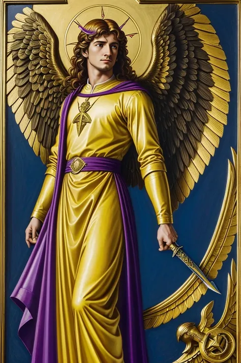 Archangel Raphael of the air, cardinal point, he wears yellow, gold and violet clothes. He carries a dagger and a caduceus and is standing on a mountain. He has giant wings.