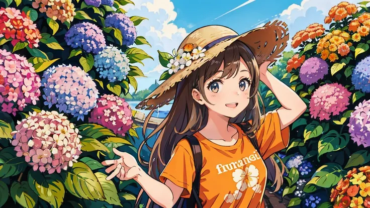 (Better Quality, artwork),Sunny，Long Lens，(Long brown hair)， Long brown hairの活発なかわいい女の子，Wearing a straw hat，Big smile，Wearing an orange T-shirt，Holding a bouquet of hydrangeas，There are lots of hydrangeas around，Hydrangeas galore，colorful