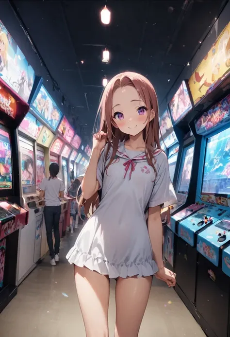 Back view、Butt、Her miniskirt flutters and her panties are visible、Panty shot、arcade、game machine、Game bench、UFO Catcher、Purikura、Date、Fashionable glasses、forehead、Girl、Girl、Short、Younger、Lower school year、Baby Face、flat chest、smile、Dynamic Angle、masterpiec...