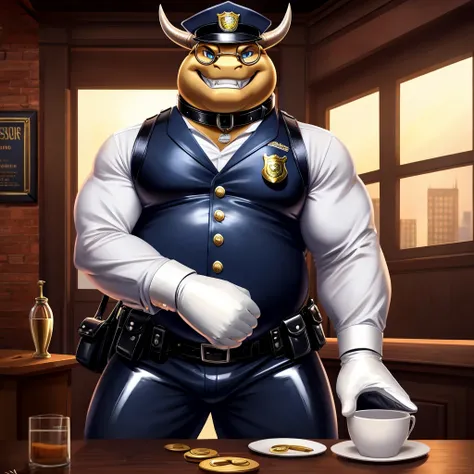 Solo, Male, fat, extremely obese, gentleman, dapper Snake, blue eyes, (soft shading), 4k, hi res, ((detailed face, detailed)), looking at viewer, evil grin, police station, collared shirt with buttons, hat, male focus, Police Uniform, glasses, monocle, ves...