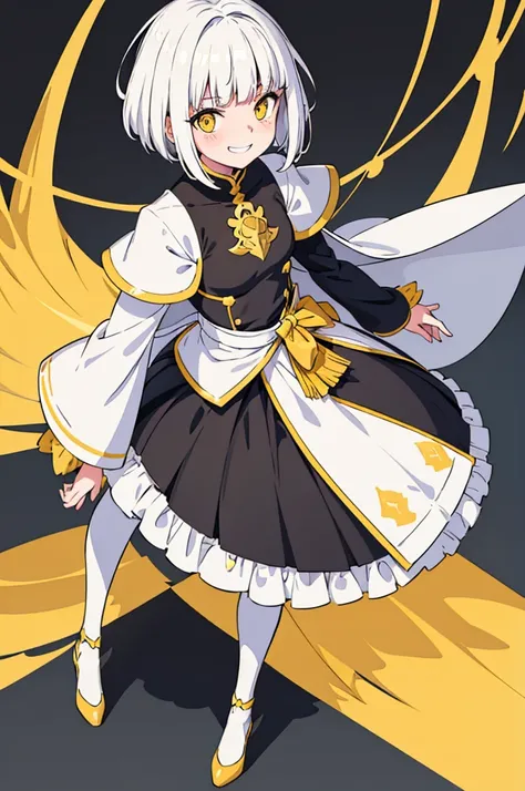 vector art, 1girl, hime cut, white hair, blunt bangs, ahoge, blush, yellow eyes, short girl, little tits, showing tits, grin, full body, short girl, grin, grinning, moody, black pants, white cape with golden edges, flat color, thick outline, outline