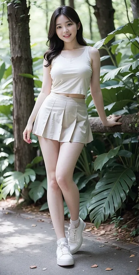 Highest quality, 1 beautiful woman, 28 years old,  Large breast bulges, s, 35mm lens, F/1, Cowboy shot, Specific Background、(A girl in the forest), Perm、sweat　((Detailed white camisole short vest 1.1))), sleeveless,Short pleated skirt，Full body、Oval face,P...