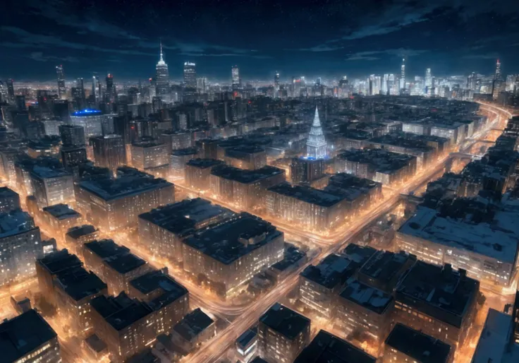 Create the view of a modern city covered in ice at night