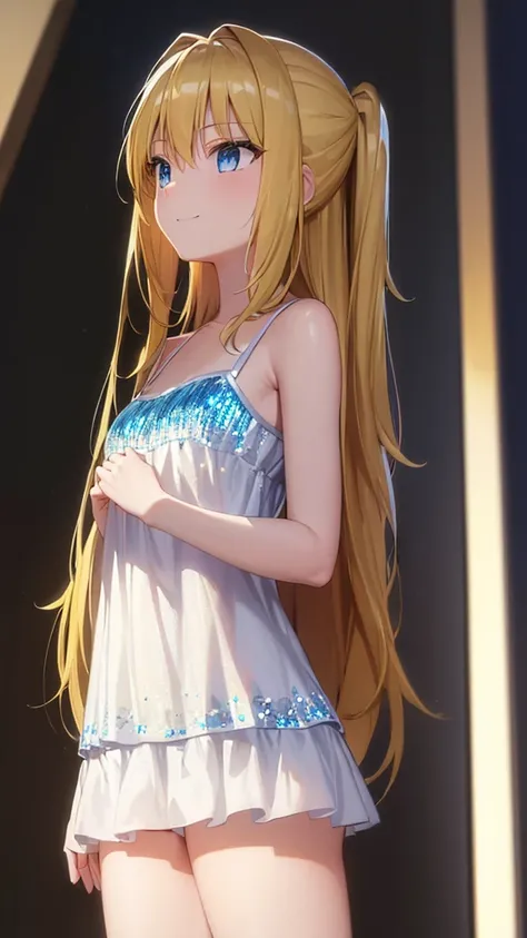 (masterpiece:1.3), (best quality:1.1), (8k, ultra detailed, ultra high res:1.2), ((anime style)), perfect 5 fingers, perfect anatomy, 
1girl,
BREAK long hair, wavy hair, 
(blonde hair), 
(blue eyes), 
medium breasts, camisole, (Sequins, white Sequins:1.3),...