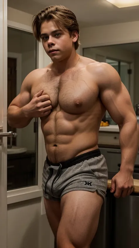 Dylan Sprouse as a shirtless extremely hairy furry sweaty Burly Daddy. Himbo Enormous Boobies Pecs. Enormous Bulging short shorts