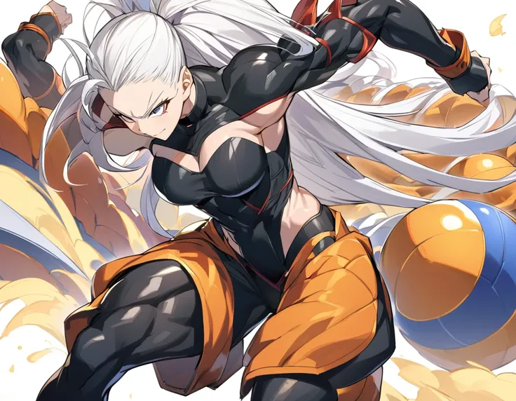 a girl, female focus, (a girl from the Dragon Ball universe) (the girl would wear black clothes, very tight on her body) slim muscles, ripped muscles, the girl would be raising her ki, she would have medium breasts, white hair, pretty face , beautiful girl...