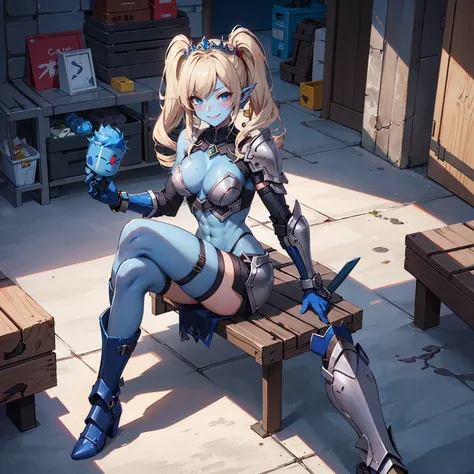 full body sitting on a bench showing ass to me, BLUE breastplate, BLUE skin (1girl)(BLUE skin:1.2), looking at viewer, shiny, armor, thigh highs, high boots, pauldrons shoulder armor, faulds, poleyn, gloves, gauntlets, rerebrace armored boots, (masterpiece...