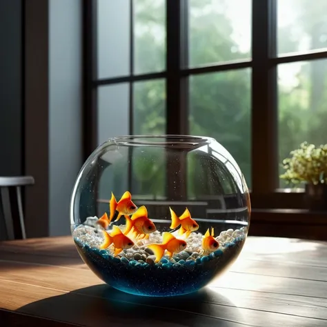 goldfish bowl, The whole universe exists in glass.., Planets and galaxies in glass, Wooden dining table, Ultra-realistic, Super detailed, Dramatic lighting, 4K, Ultra HD, Realistic, Bright colors, Very detailed, UHD rendering, Pen and ink, Perfect composit...