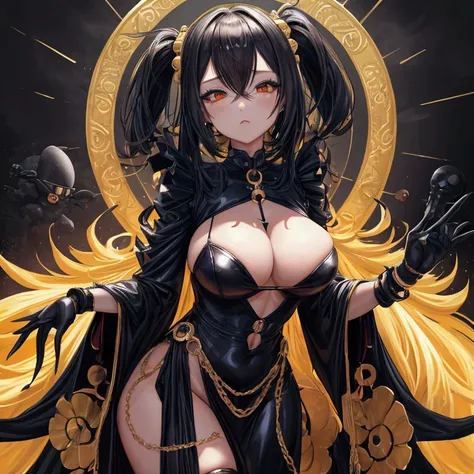 score_9, score_8_up, score_7_up, score_6_up, source_oil_painting, futanari, solo, black background, steam floating, space, doll joints, android, queen, saggy_breasts, golden black nails, black dress, faceless