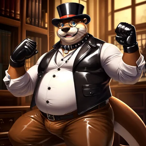 Solo, Male, fat, extremely obese, gentleman, dapper Professor Otter, blue eyes, (posing:1.3), (soft shading), 4k, hi res, ((detailed face, detailed)), looking at viewer, mouth wide open, steampunk, collared shirt with buttons, top hat, male focus, Explorer...