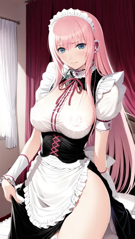 nsfw:1.1,Masterpiece:1.3,Detailed and beautiful depiction 1.3,Official Art,Beautiful adult woman ,Megurine Luka,Pink long hair,blue eyes,Large Breasts,Erotic smile temptation,Maid clothes,Cowgirl insertion sex,A short penis in a vagina,Shaking breasts,sit,...