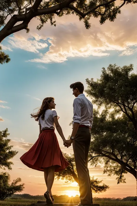 silent,boy and girl gripping hand,sunset,hd quality,goodtimes,looking flying angel,Girl with skirt,boy with formal dress,red and yellow lightening ,Love birds in nearby branch of tree ,Natural sunset beauty