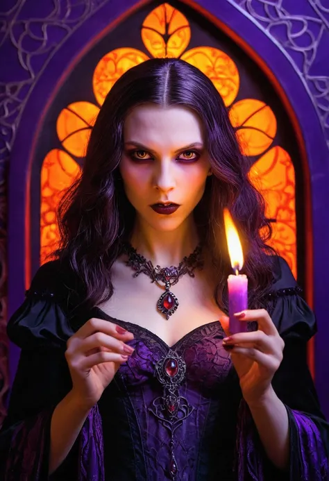 vampire girl Very scary and linda, ART nouveau, purple background, gothic style, fire lights, muitos detalhes, apenas luz de velas,