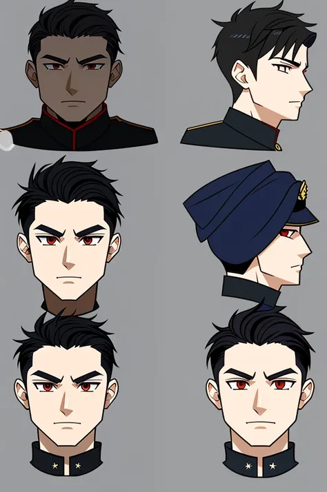 full character(from head to foots), a male character with white skin,black hair, red left eye and blue right eye, using black mi...