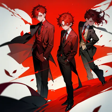 High quality, wallpaper, 19.5:9 aspect ratio, full body, twins, 12 years old, boys, in business suits, red main color, red hair, red glowing eyes, short messy hair, demonic red aura emerging from their bodies, holding Bowie knives, red accents, red accesso...