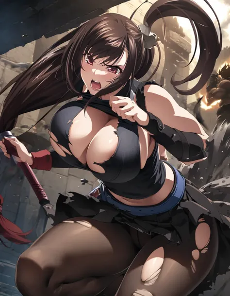 Final Fantasy 7 Tifa Lockhart　　Indoor at night　sexy　Wearing black ripped pantyhose　Wearing a mini skirt、writhing violently、Wearing black torn clothing、Big Breasts、Stylish、The moment when the clothes are torn during an attack、Coming under attack、Damage