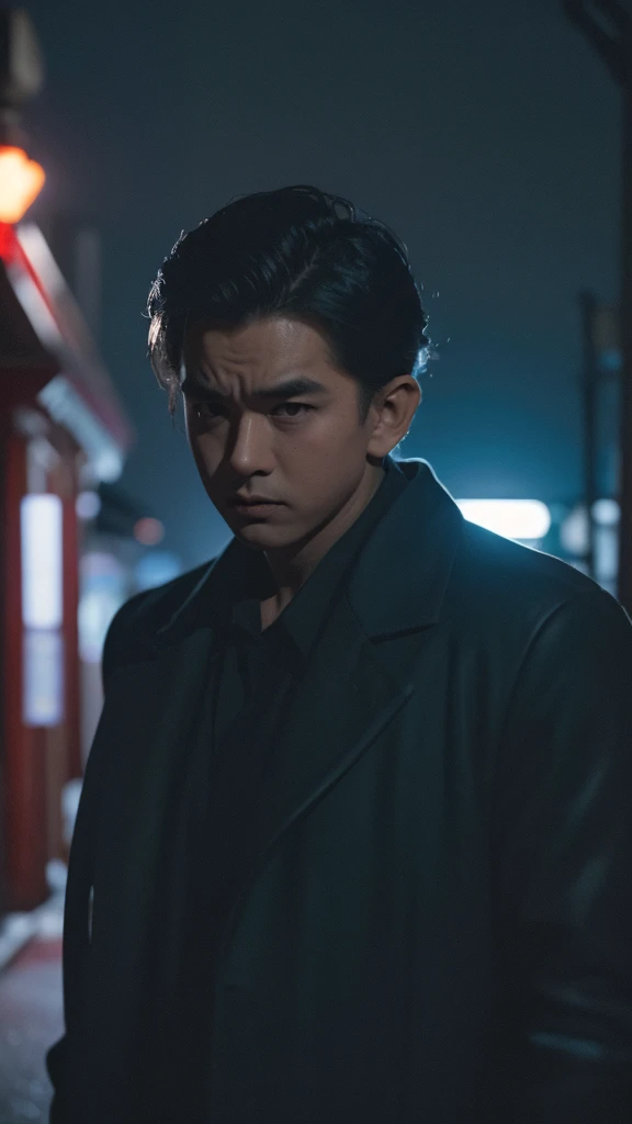 Design a dramatic movie poster inspired by classic film noir. Place the Malay Boy in a dimly lit urban setting, capturing the essence of mystery and intrigue. Make use of shadows and noir-style lighting to enhance the atmosphere.