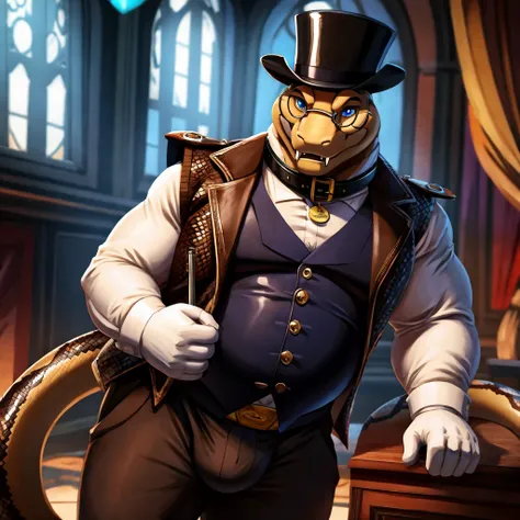 Solo, Male, fat, extremely obese, gentleman, dapper Professor Snake with fangs, blue eyes, (posing:1.3), (soft shading), 4k, hi res, ((detailed face, detailed)), looking at viewer, mouth wide open, steampunk, collared shirt with buttons, top hat, male focu...