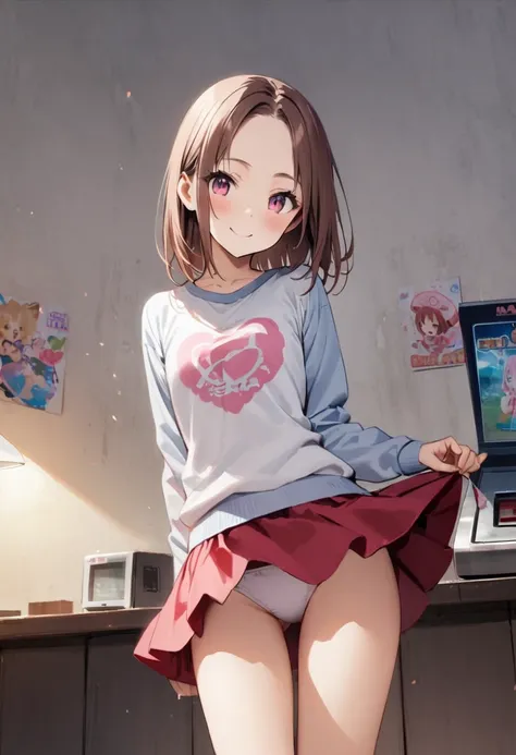 shoot from behind、Butt、Her miniskirt flutters and her panties are visible、Panty shot、arcade、game machine、Game bench、UFO Catcher、Purikura、Date、Fashionable glasses、forehead、Girl、Girl、Short、Younger、Lower school year、Baby Face、flat chest、smile、Dynamic Angle、ma...