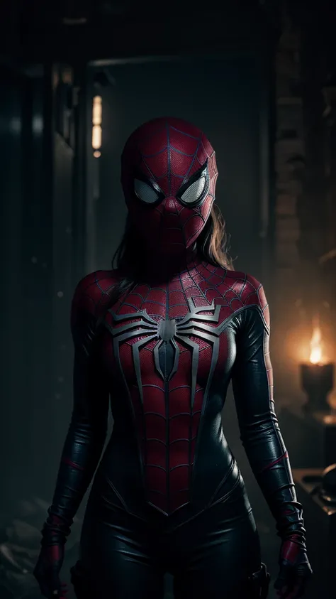 A girl wearing a Spider-Man costume, surrounded by ghostly cobwebs, in a dark and strange atmosphere, detailed and realistic, cinematic lighting, dramatic colors, muted tones, temperamental atmosphere