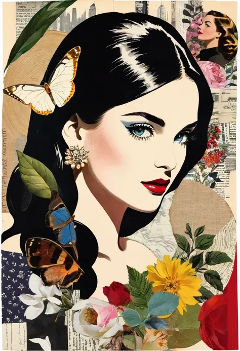 Collage with a woman&#39;s face，There are a lot of different things on it, Inspired by Sandra Chevrier, Adobe Illustrator Art, Illustration Art, Tristan Eaton, Defeat Nge! cmyk color palette, James Girard and James Jean, jc leyendecker and sachin teng, Tri...