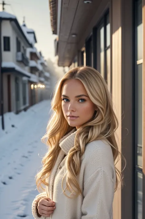 proFessional portrait photograph oF a gorgeous Norwegian girl in winter clothing with long wavy blonde hair, sultry Flirty look, gorgeous symmetrical Face, lindo maquillaje natural, wearing elegant warm winter Fashion clothing, ((parado afuera en una calle...