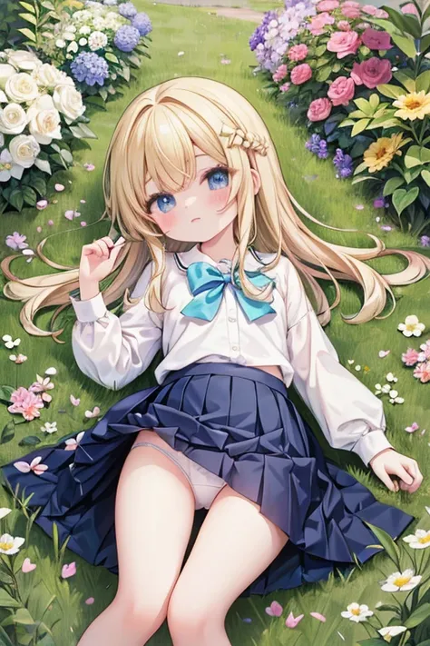 masterpiece, highest quality, High resolution, One 5 year old girl、blue eyes、
blonde,  Braiding、White shirt, Check skirt, White panties、garden、flower bed、Lying on the grass