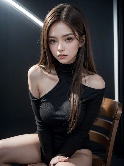 Beautiful woman with shoulder-length straight brown hair wearing long-sleeved black clothing. She is sitting on a chair with her hands resting on her legs., brown hair, hair over shoulder, hair spread out, straight hair, big hair, wide-eyed, longeyelashes,...