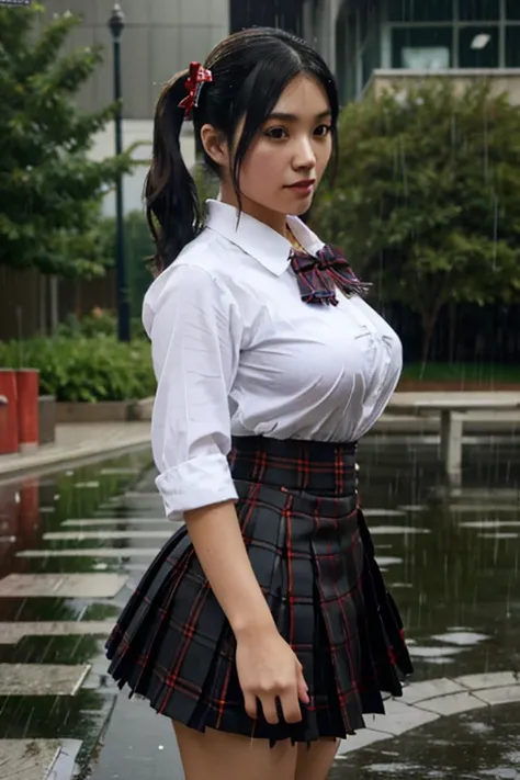 lingx,black hair,twintails,brown eyes,hair ornament, pantyhose (insanely detailed, masterpiece, best quality),solo, steam , rain...